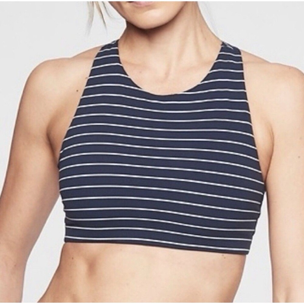 Athleta Womens Navy Blue White Stripe High Neck Longline Sports Bra Size Medium